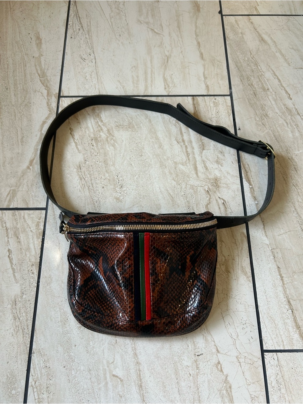 Clare V Brown Snake-Print Belt Bag with Green-Red Stripe